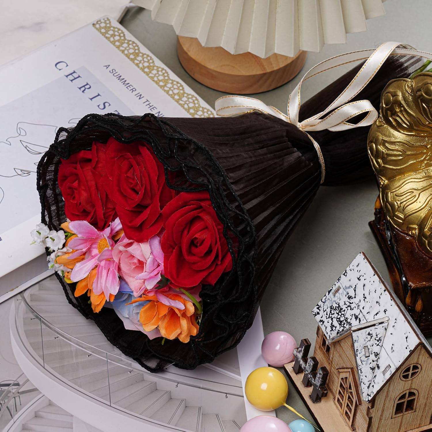 Black Flower Wrapping Mesh Paper 4 Yards of Wrinkle Resistant Floral Packaging