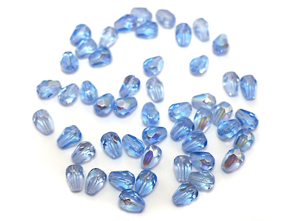 Czech Glass Pear Shaped Fire Polished Beads 8x6mm Light Sapphire AB blue Tear Dr