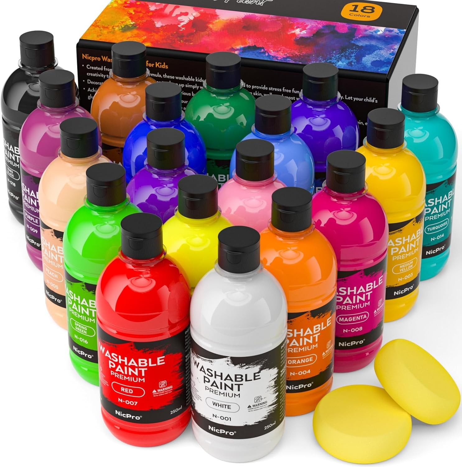 18 Colors Large Washable Paint Set for Kid 8.4oz,250 ml, Acrylic Bulk