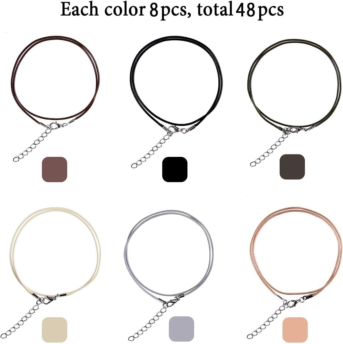 48 PCS Waxed Leather Cord, 6 Assorted Colors Rope Necklace with Clasp for Jewelr