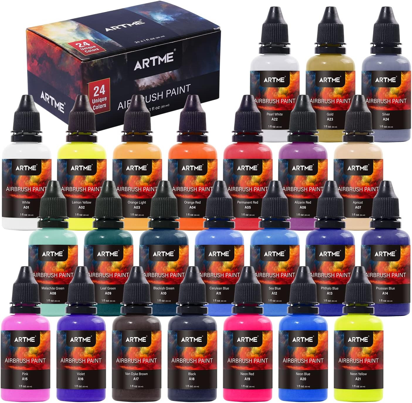 24 Colors Airbrush Paint Set Include Metallic and Neon Colors, Opaque & Water Ba