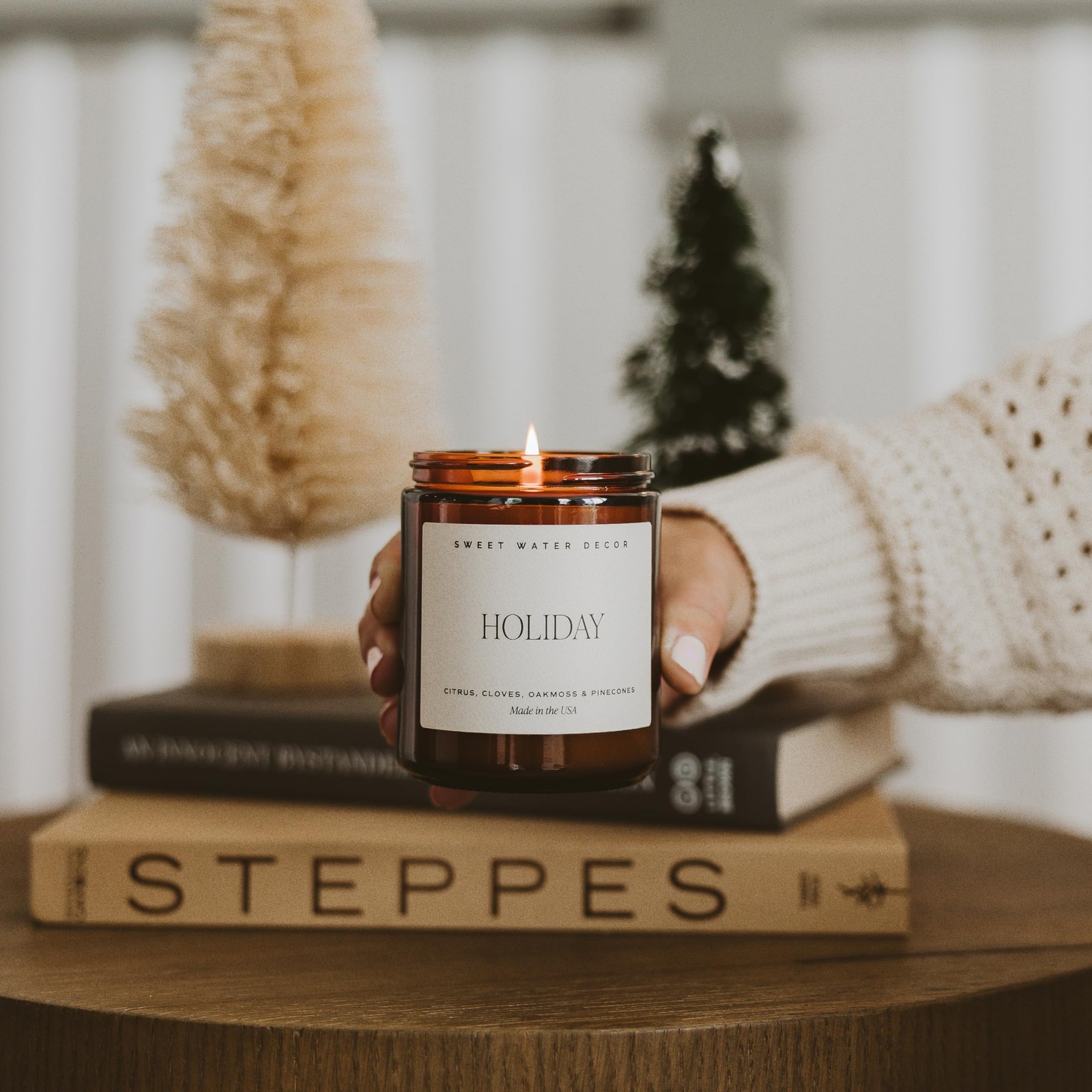 Sweet Water Decor Holiday Candle | Cloves, Pine, and Tan Label, Amber/Black