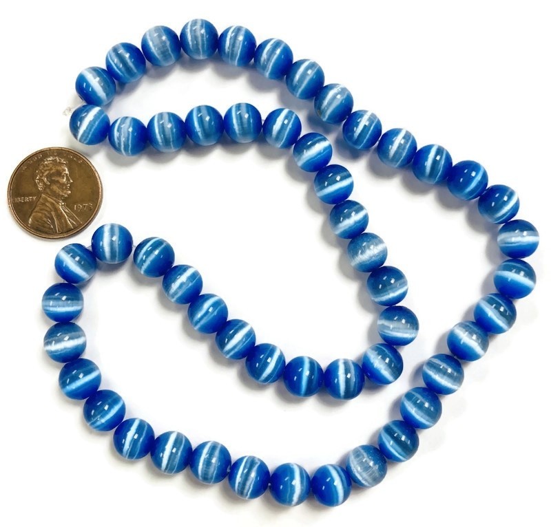 50 Cat’s Eye Fiber Optic Glass Royal Blue 8mm. Smooth Round Beads 2575