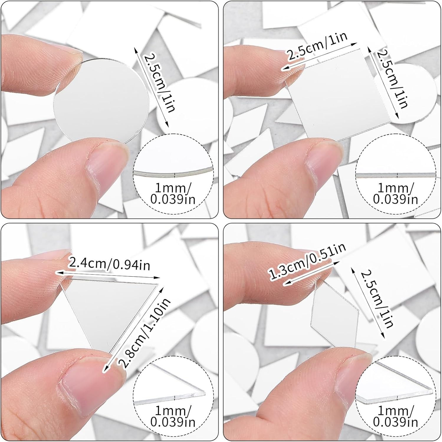 120Pcs Small Mirrors for Crafts, 4 Shapes Mini Mirror Pieces Small, Silver
