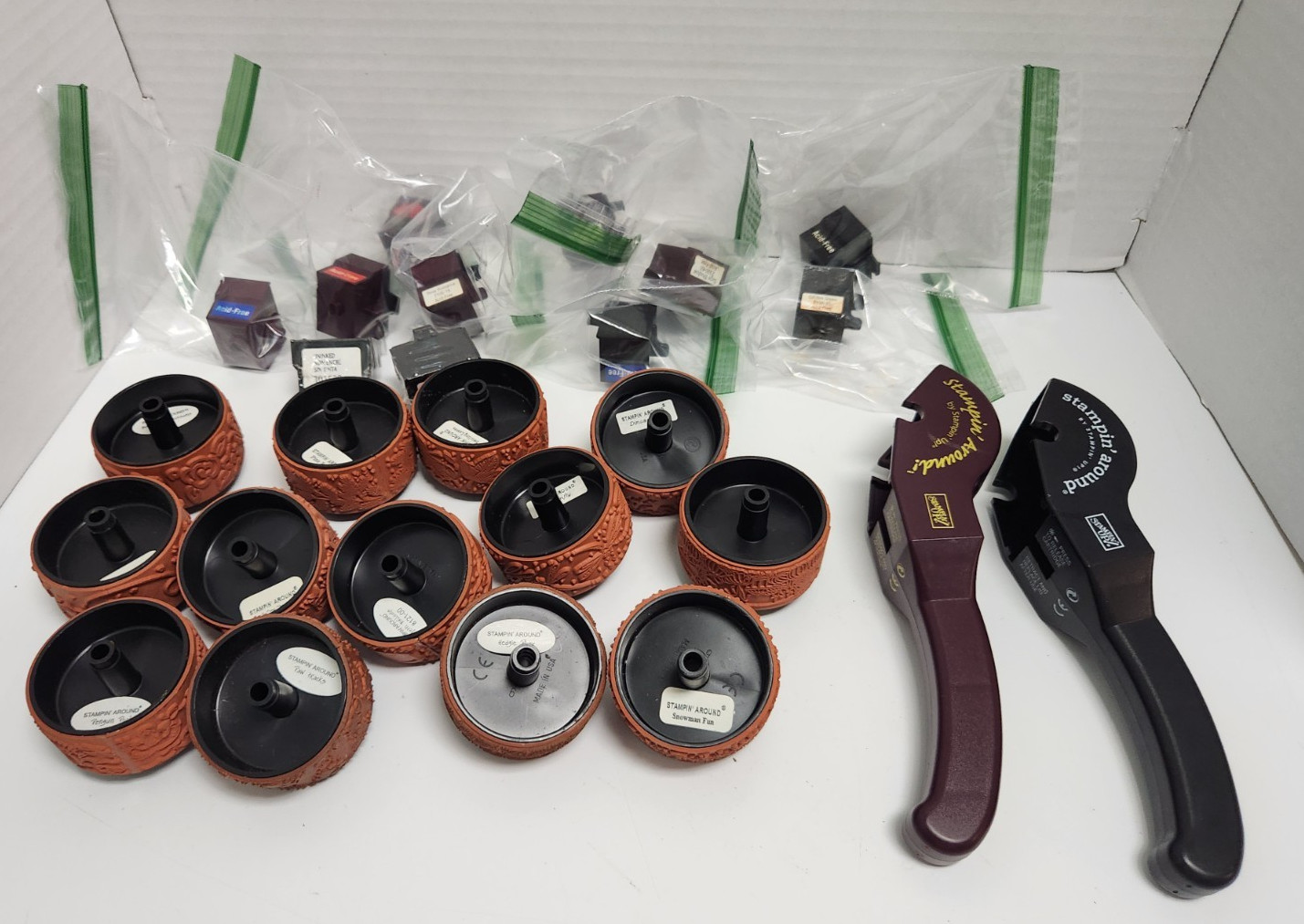 Lot of 13 Stampin Around Roller Wheel Stamps + 2 Holders & Used Ink Cartridges