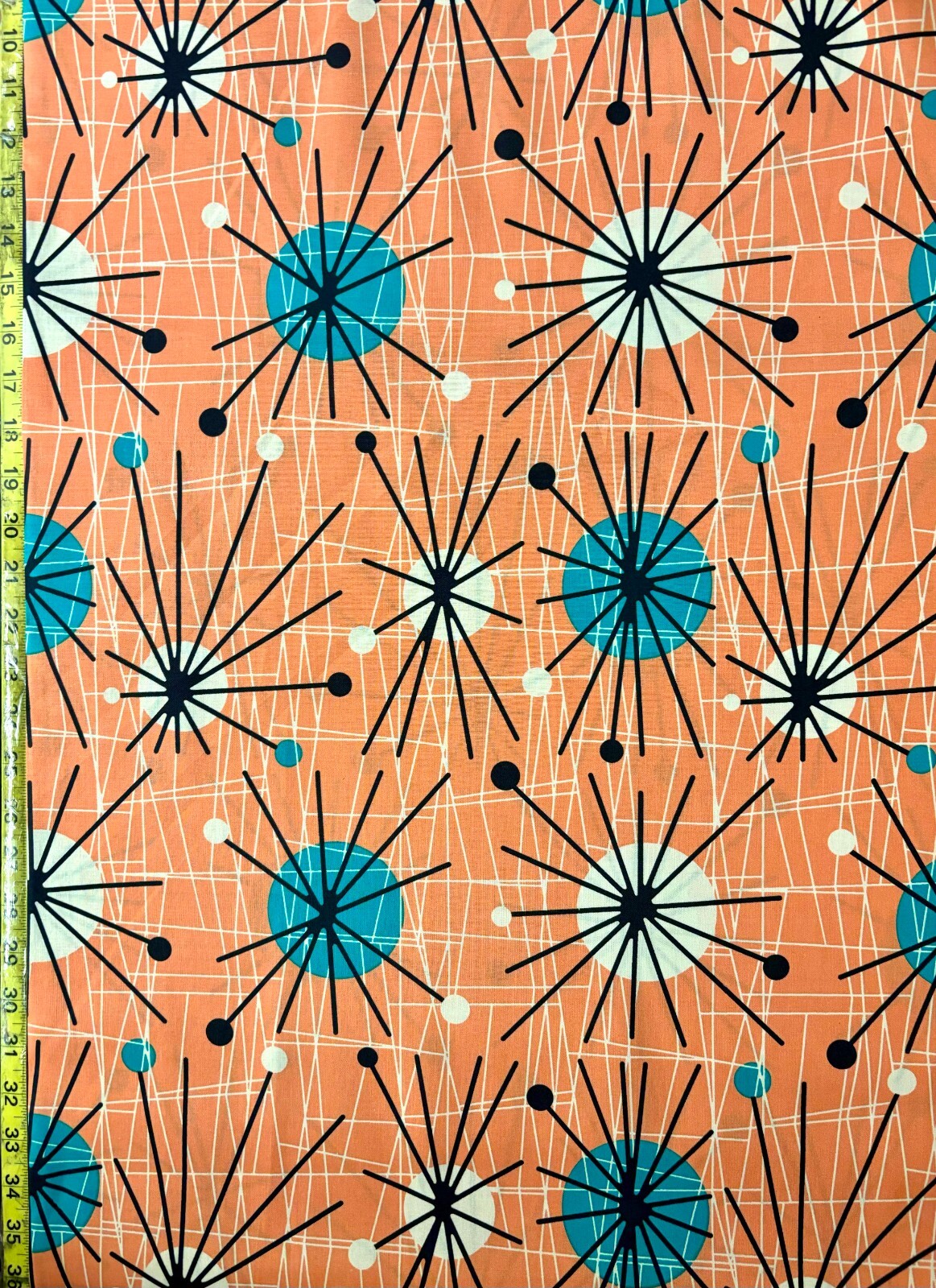 Atomic Peach Michael Miller Fabric mid century modern orange teal sputnik