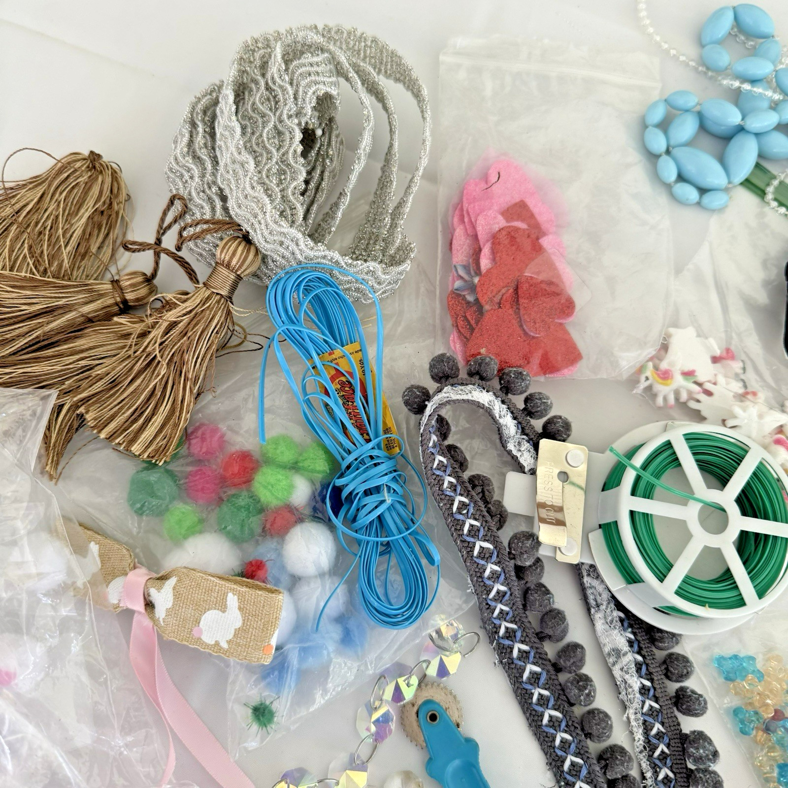 Mixed Lot Of Assorted Craft Sew Supplies Some Beads, Poms, Trims, Embellishments
