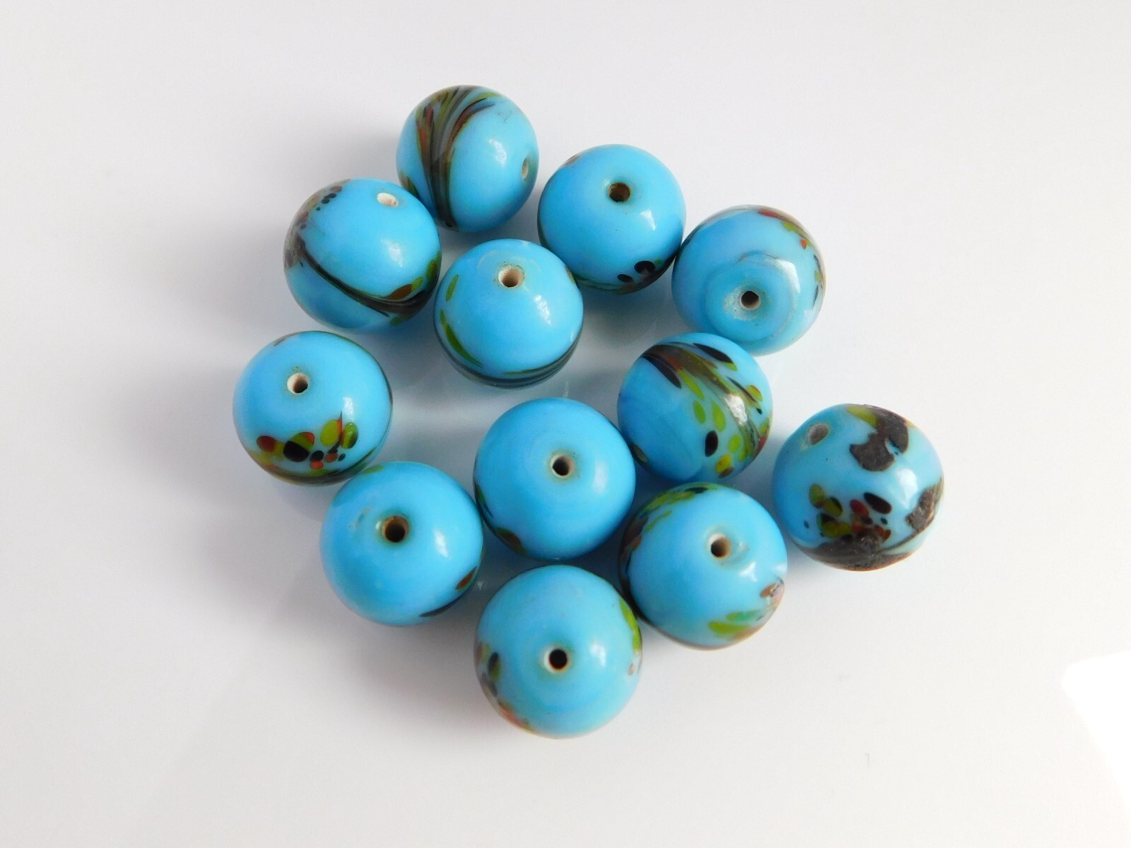 Vintage Blue Lampwork Glass Beads With Hand-Painted Dots and Swirls 10mm Lot