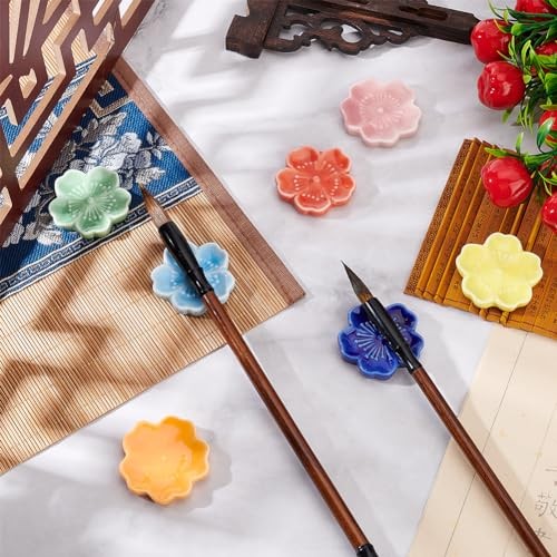 7Pcs 7 Colors Cherry Blossom Porcelain Brush Holder Rest, Japanese Style