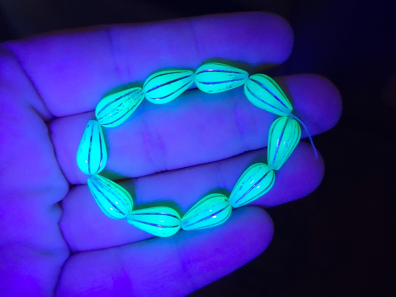 Melon Drop Uranium Glass Beads 13x8mm Czech Blue Opal Silver Wash 10pc Strand