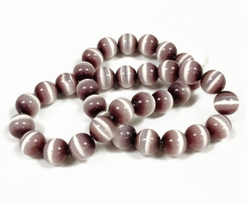 30 Cat’s Eye Fiber Optic Glass Light Amethyst 12mm. Smooth Round Beads 2621