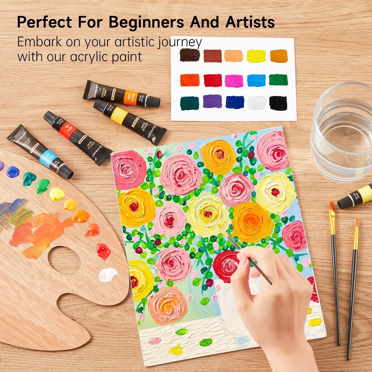 16 Assorted Acrylic Paint Tubes (12ml) with Brushes – Safe for Kids & Adults
