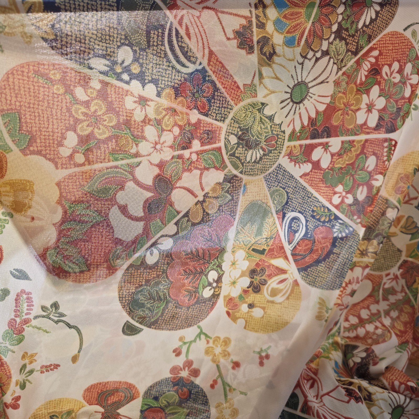 Vintage Japanese Fan Motif Fabric Bolt Polyester Kimono Floral 3.4 Yd Wide…