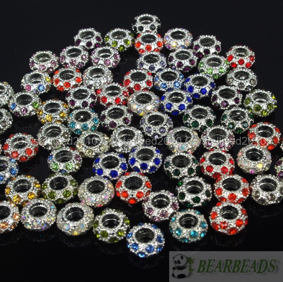 Big Hole Crystal Rhinestone Pave Pewter Rondelle Spacer Beads Fit European Charm