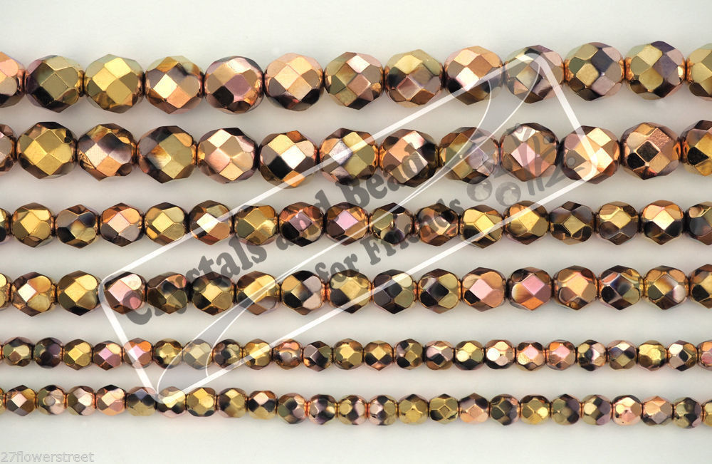 Czech Glass Fire Polished Round Beads, California Pink (Black Aurum Copper)