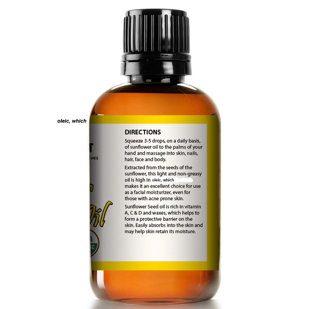 USDA CERTIFIED ORGANIC SUNFLOWER SEEDS OIL UNREFINED COLD PRESSED 4 Oz GLASS