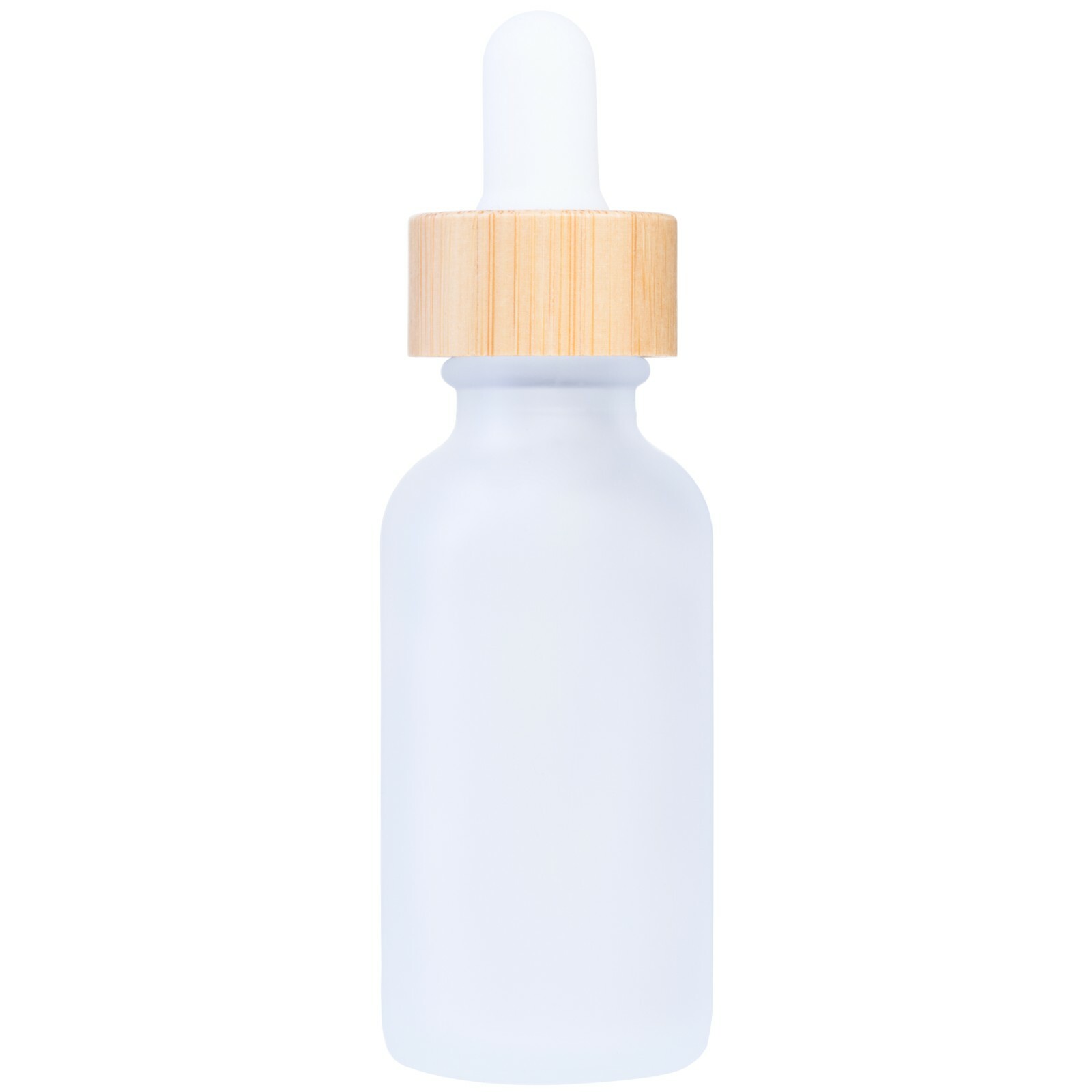 Clear Frosted Boston Round Glass bottles White Bamboo Cap 1 oz / 30 ml 24 Pack