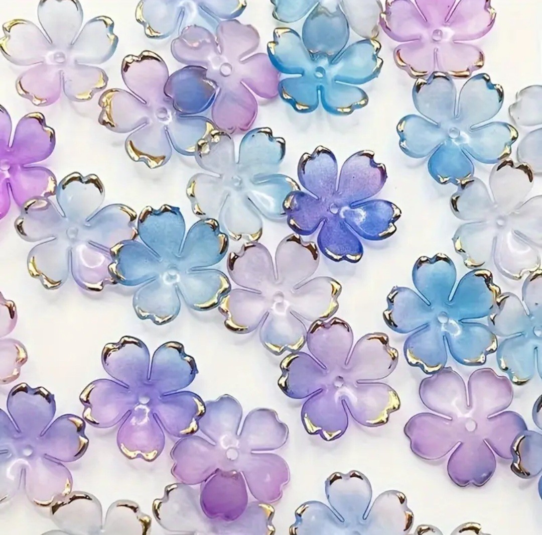 50 Blossom Beads For Jewelry Making Diy Flower End Caps Blue Violet Gold Edges.