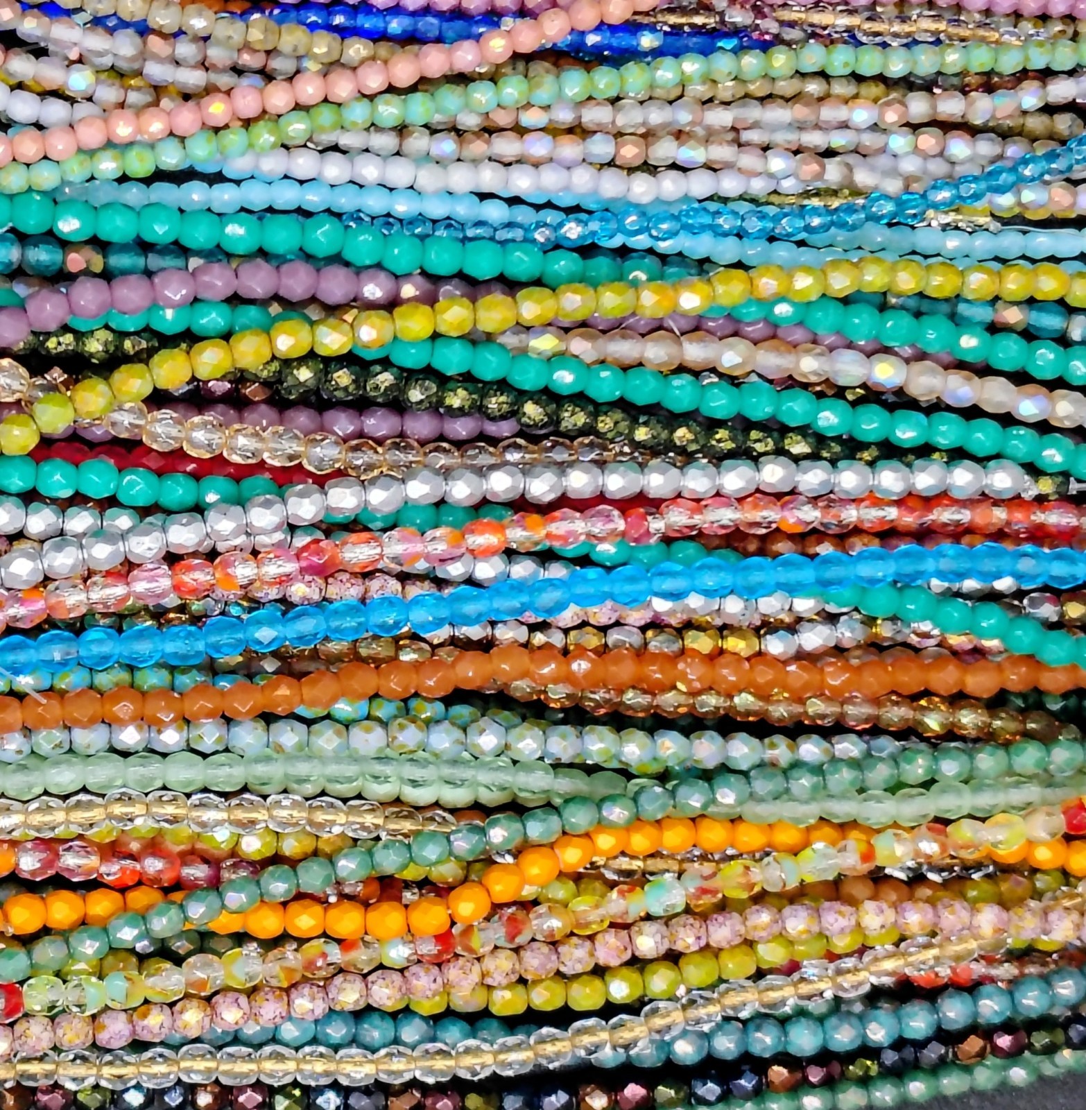 Czech Glass Facet (2mm & 4mm) Fire Polished Bead Strands Lot (23) ALMOST 2 LBS