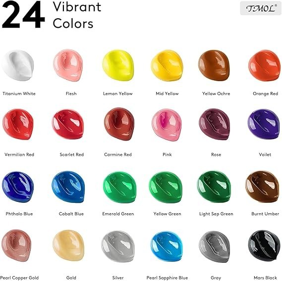 Acrylic Paint Set, 24 Colors (2 oz/Bottle) with 12 Art Brushes, Art Supplies for