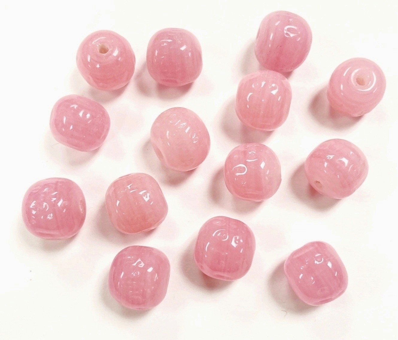 24 VINTAGE JAPAN CHERRY BRAND GLASS ROSE QUARTZ 14mm. BAROQUE ROUND BEADS 4636T