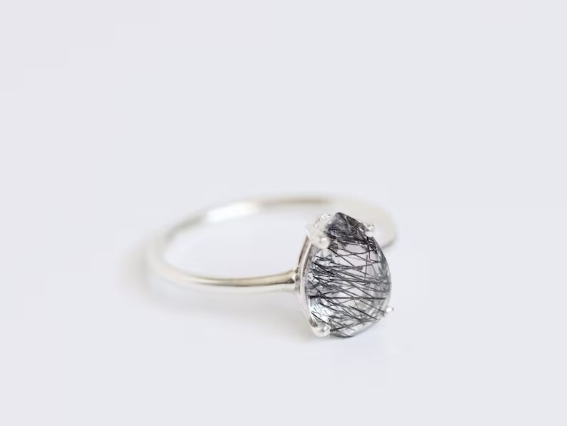 Pear Shaped Black Rutile Quartz Ring – Minimalist Silver Ring for Her