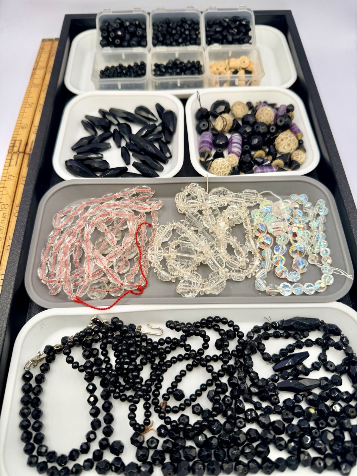 1.1 Lbs Vintage Salvage Glass Beads Rough Cut Black Clear AB Jewelry Making Lot