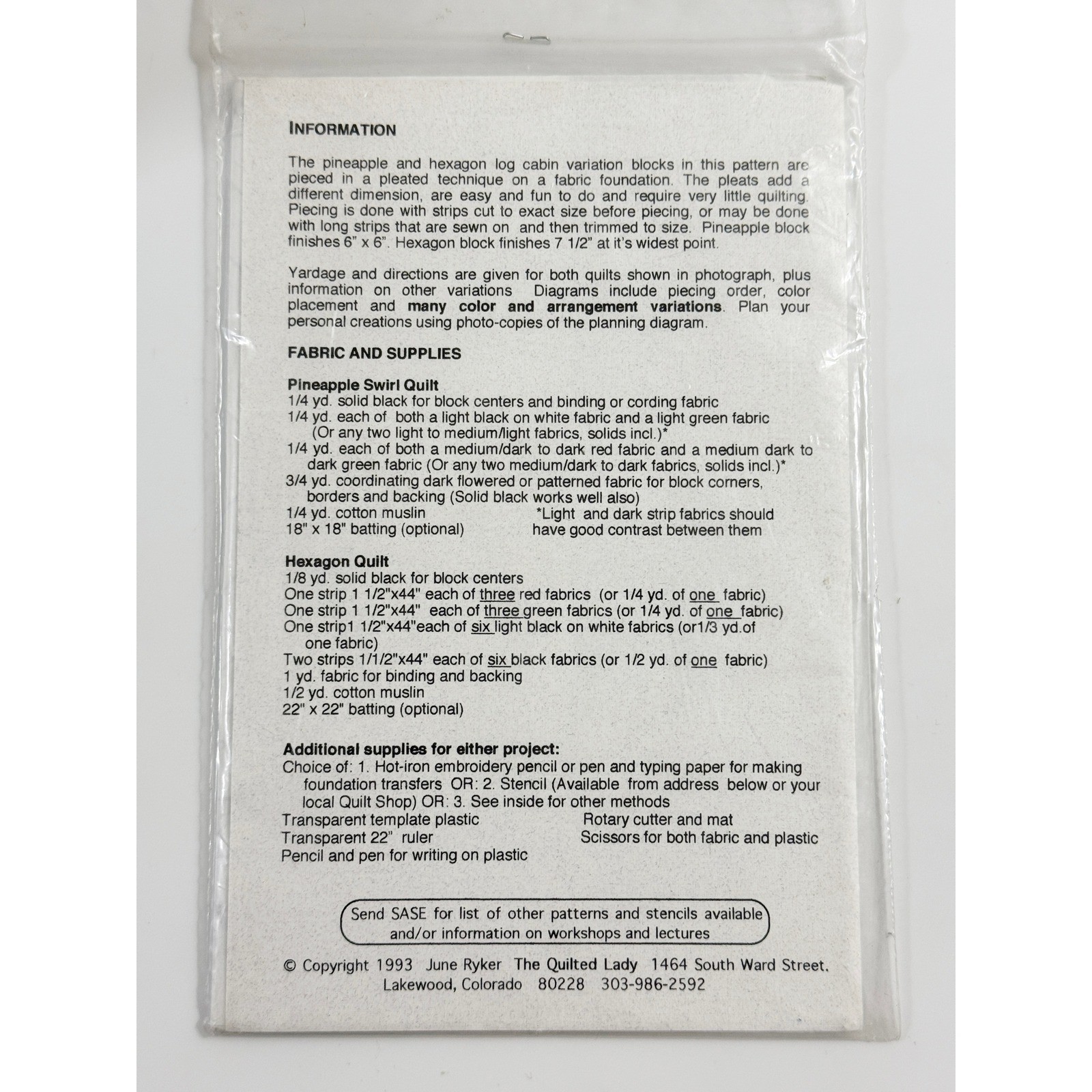 The Quilted Lady Quilt Pattern Unisex OS White Pineapple Hexagon Pleated 1993