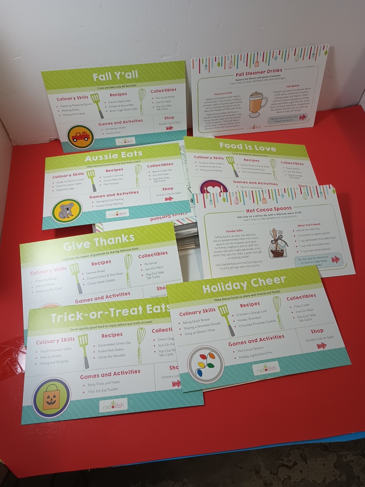 Lot Of 18 RADDISH KIDS Cooking Recipe Cards, INSTRUCTIONS, TRI-FOLD +12 Cards