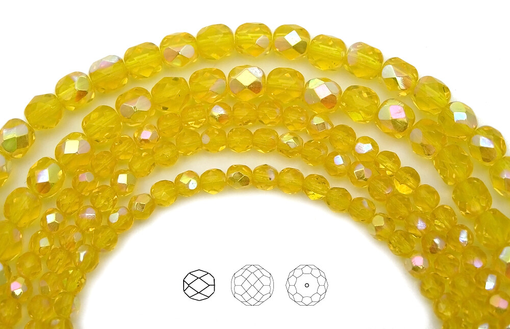 Czech Fire Polished Round Faceted Glass Beads in Citrine AB yellow, 4mm, 6mm