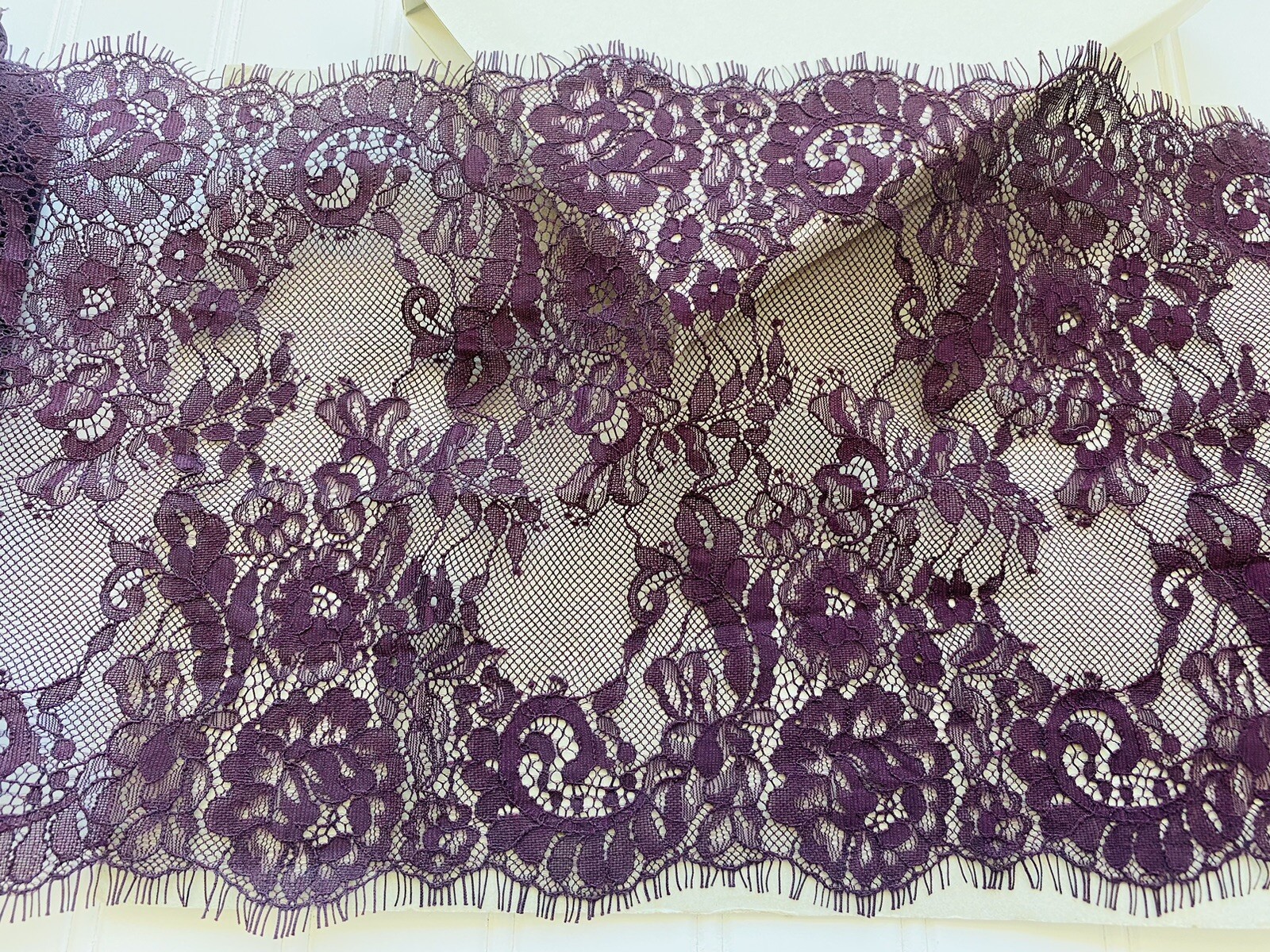 3 Yds Mulberry Embroidered Eyelash French Lace Trim for Sewing/Lingerie/9″ Wide