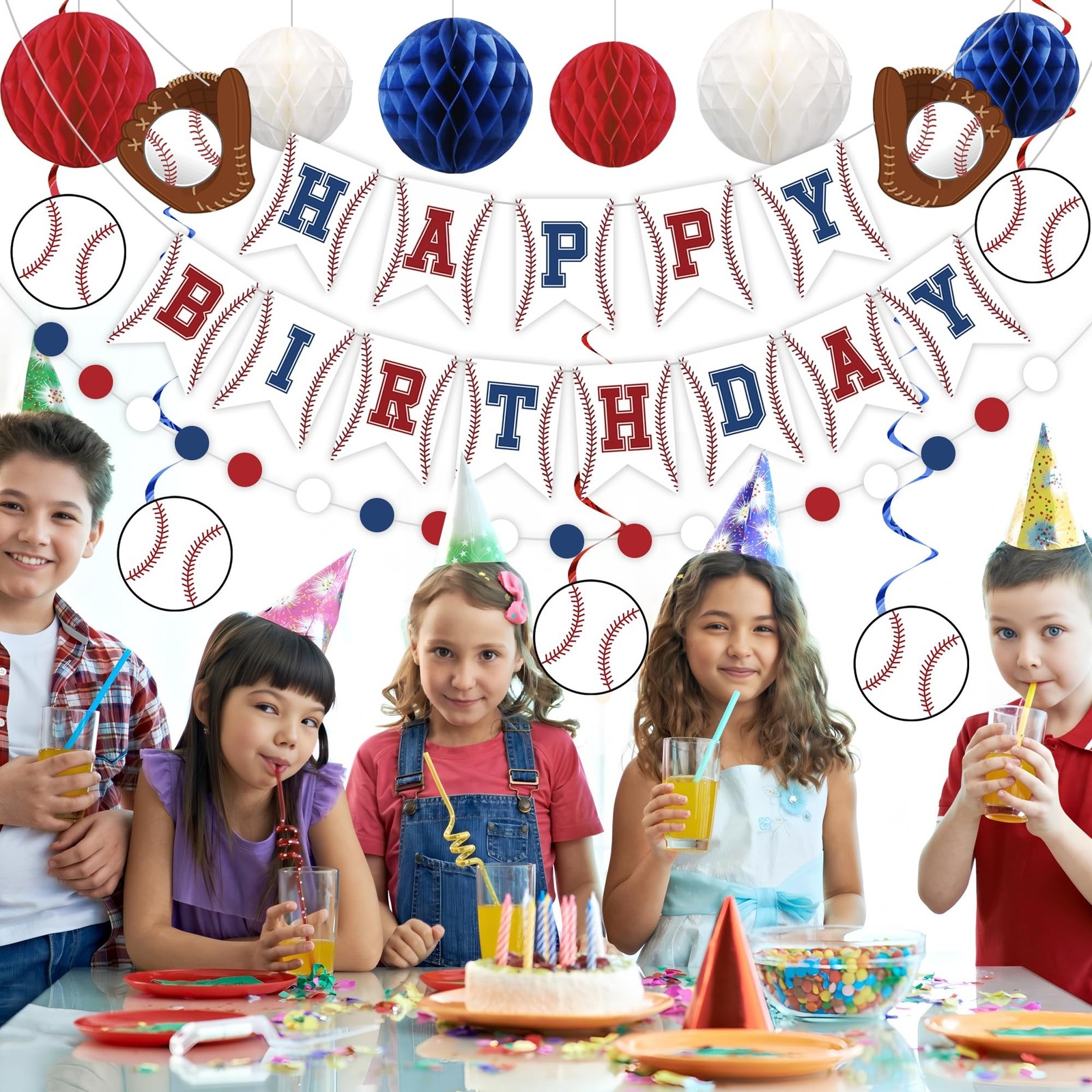 Baseball Party Decorations Happy Birthday Banner Baseballs Honeycomb Balls Ha…