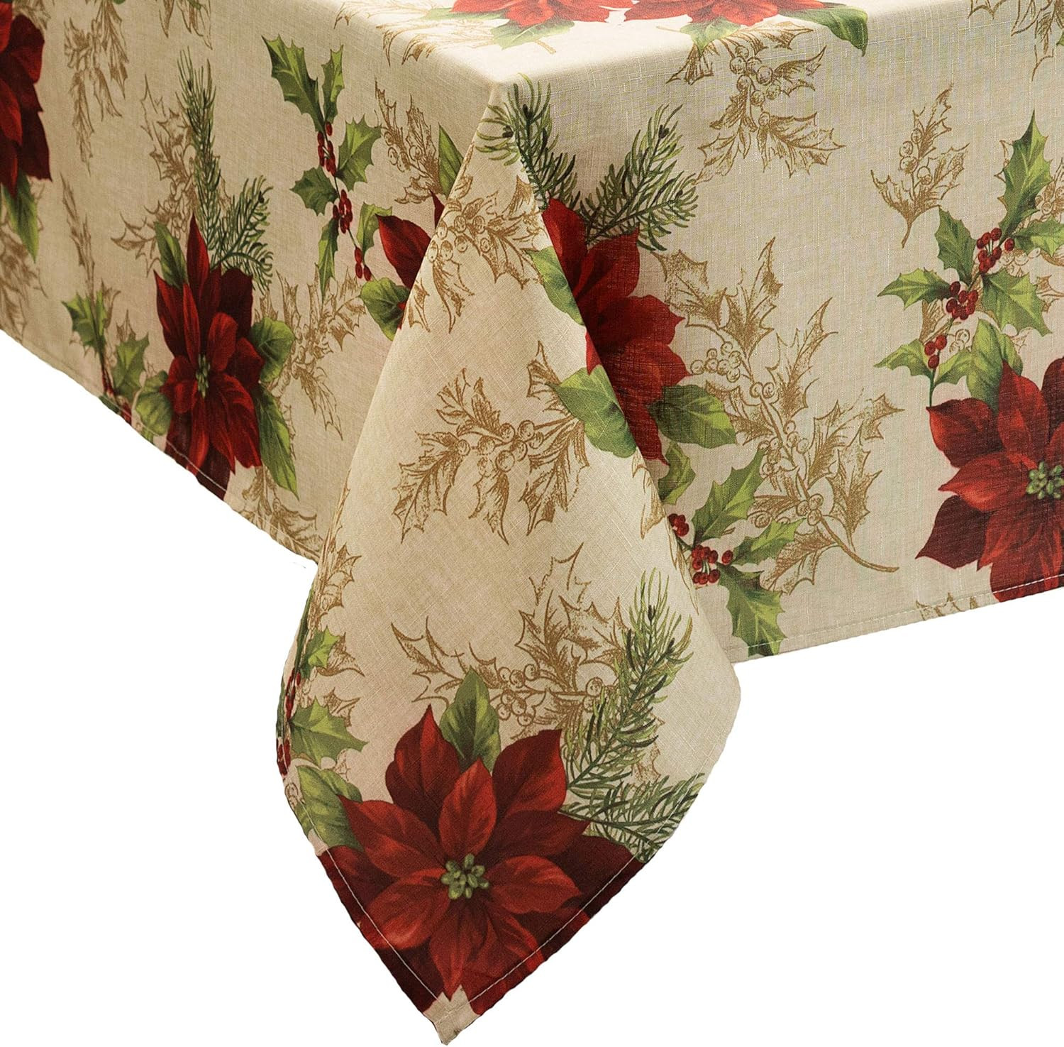 Home Fashions Festive Poinsettia Holiday Wrinkle Resistant Fabric Tablecloth, Mu