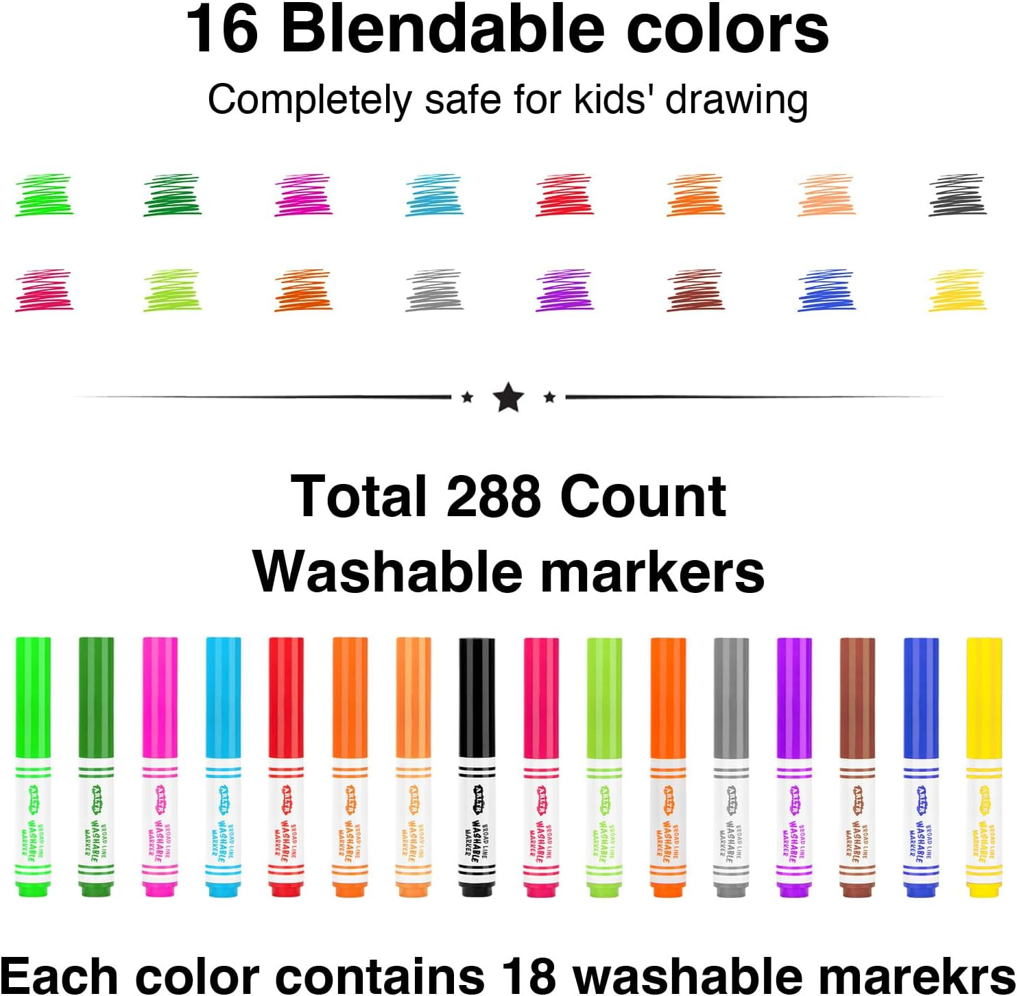 Washable Markers, Bulk Pack of 288, 16 Vibrant Colors, Broad Tips | Broad Line,