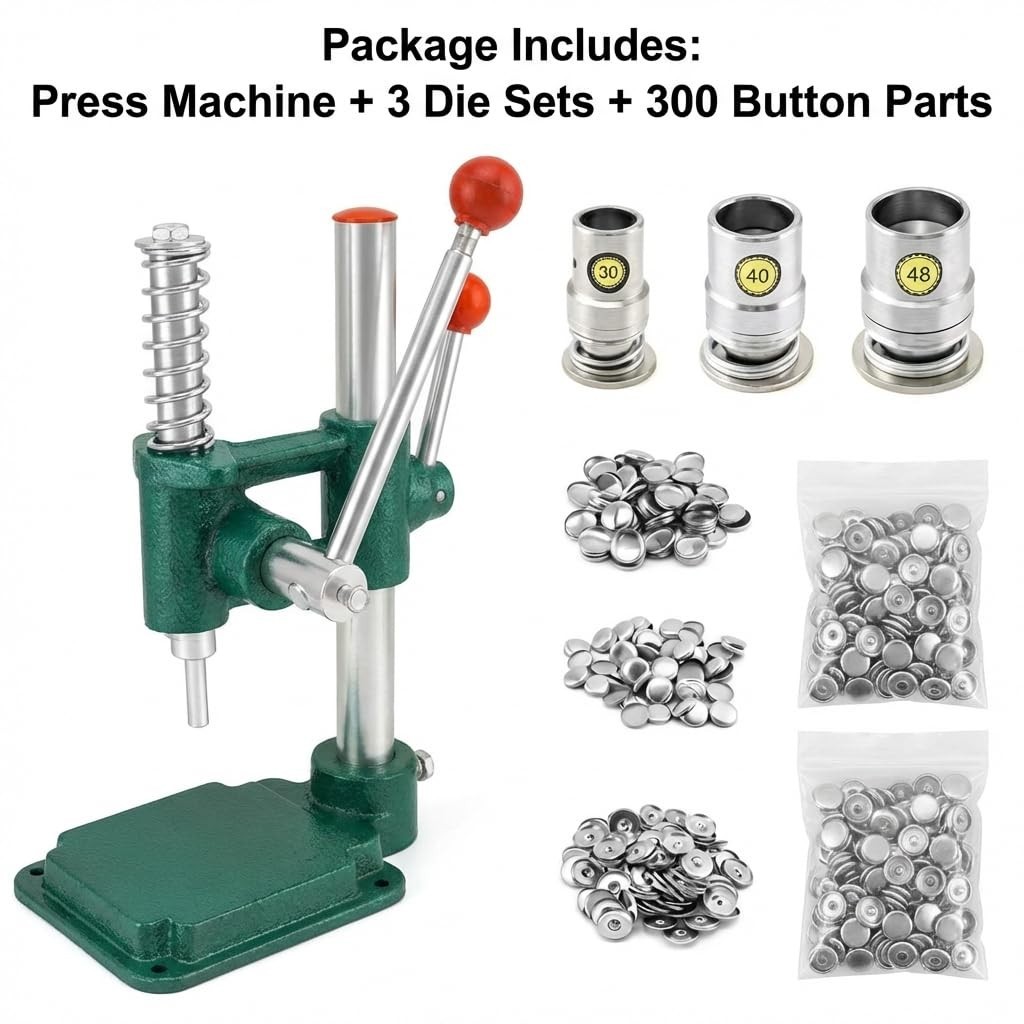 Fabric Button Maker Kit – Adjustable Press Tool for Sewing & DIY – 3 Die Sizes (