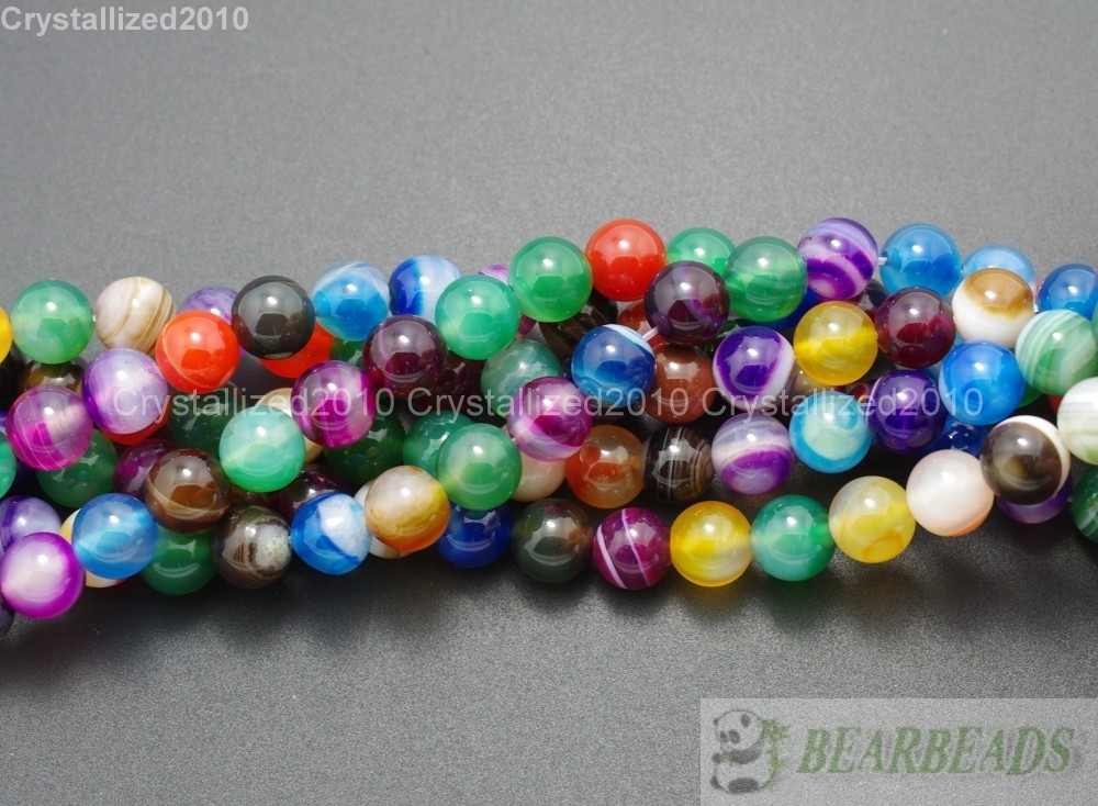 Natural Mixed Agate Stripe Gemstone Round Loose Beads 6mm 8mm 10mm 12mm 15.5″