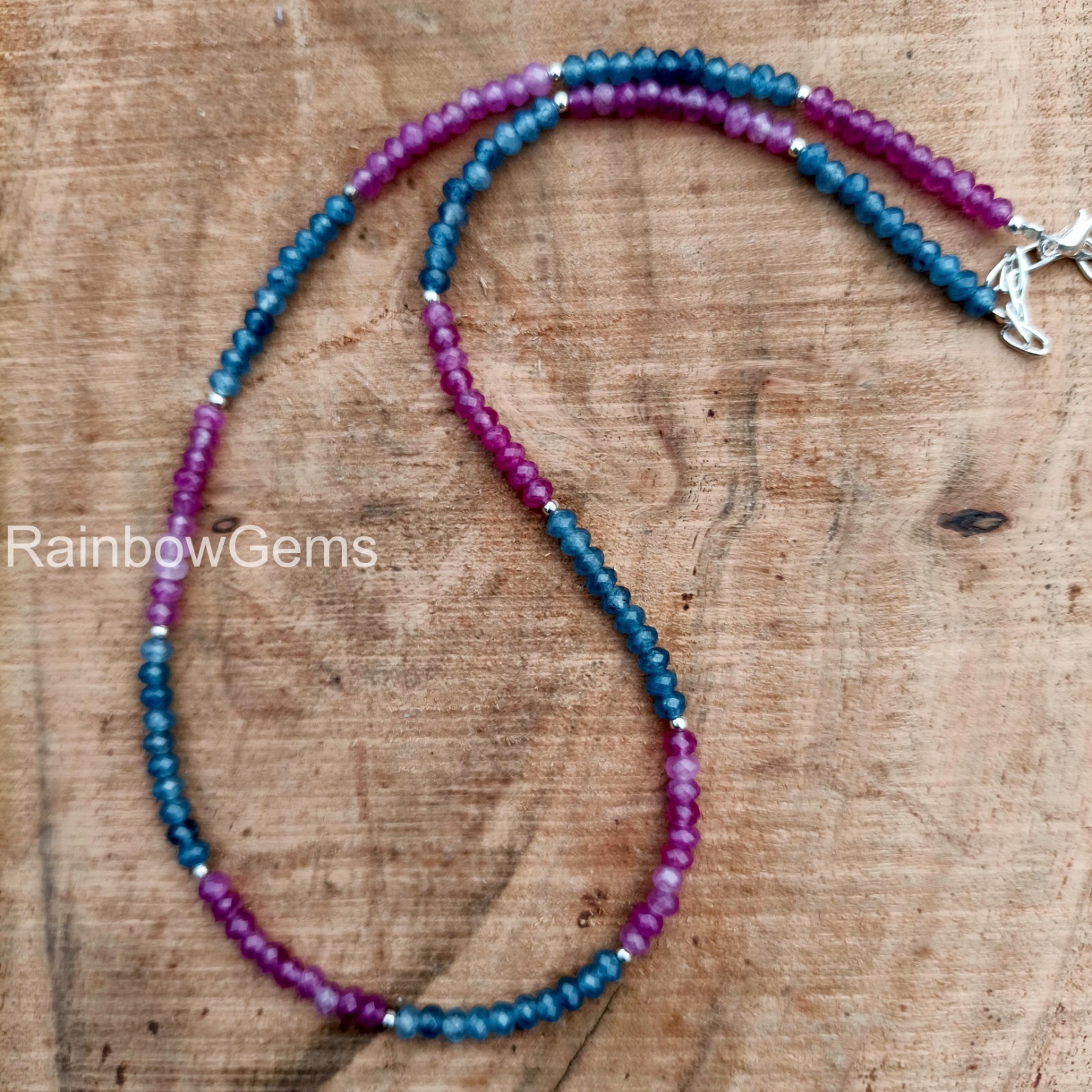 Blue & Pink Sapphire Necklace 4mm Faceted Rondelle, Blue, Pink Sapphire Gemstone