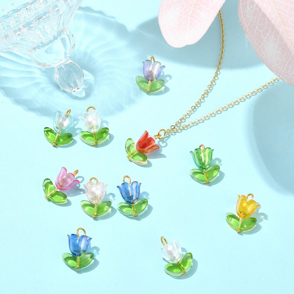 90x Handmade Acrylic Flower Charms Tulip Pendants w/Glass Leaf Charms for DIY