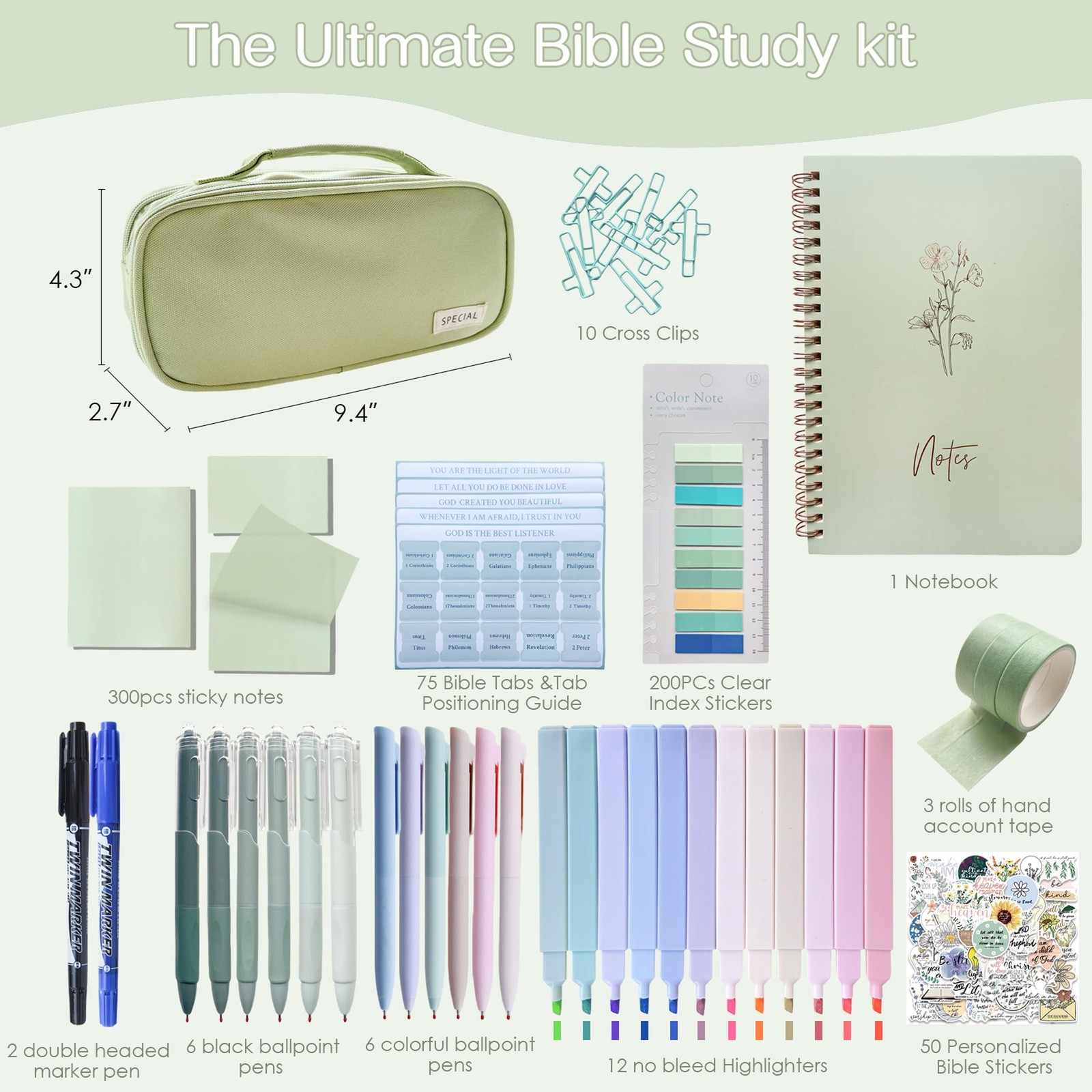 J6&H6 170Pcs Complete Bible Study Supplies 8.11 x 9.96 x 2.68 inches, Green