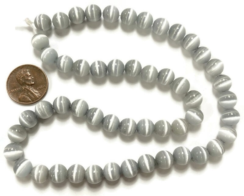 50 Cat’s Eye Fiber Optic Glass Gray 8mm. Smooth Round Beads 2570