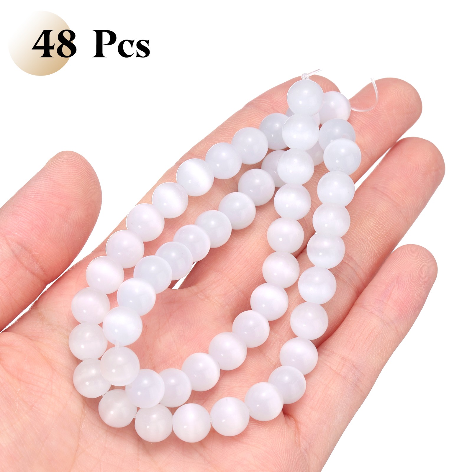 48pcs Cream White Cat’s Eye Stone Beads 8mm Round Crystal Loose Bead