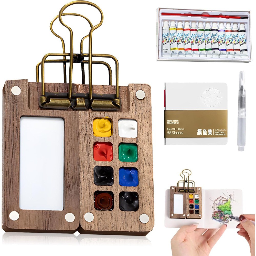 Mini Watercolor Paint Set Pocket Travel Water Color Set with 12 Color Sketchbook