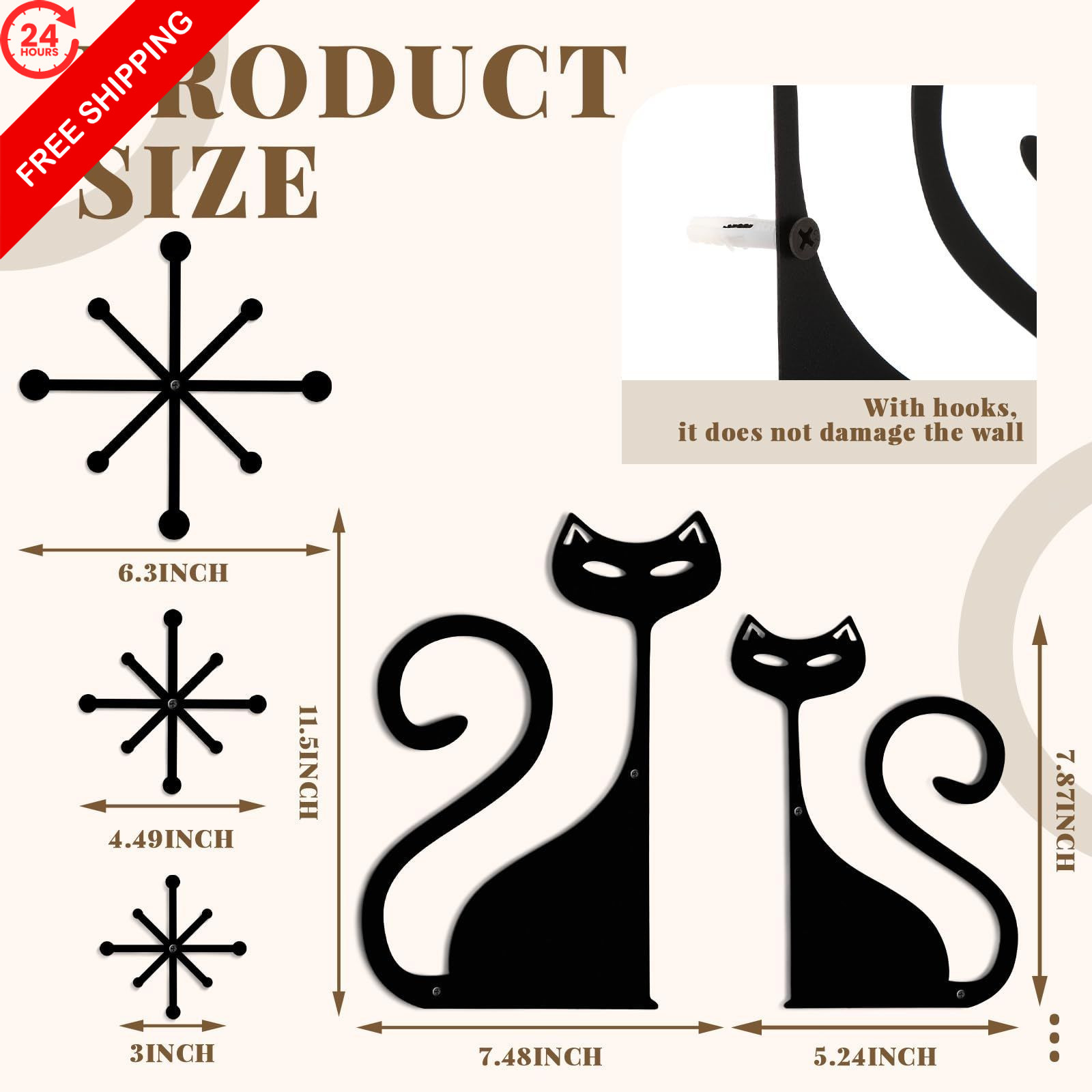 Wesiti 5 Pcs Mid Century Modern Atomic Cute Cat 7.48 x 11.50 inches, black