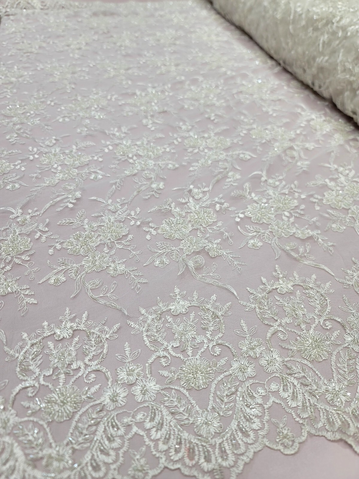 OFF WHITE Beaded Embroidery Bridal Lace Fabric By The Yard Wedding Fabric Scallo