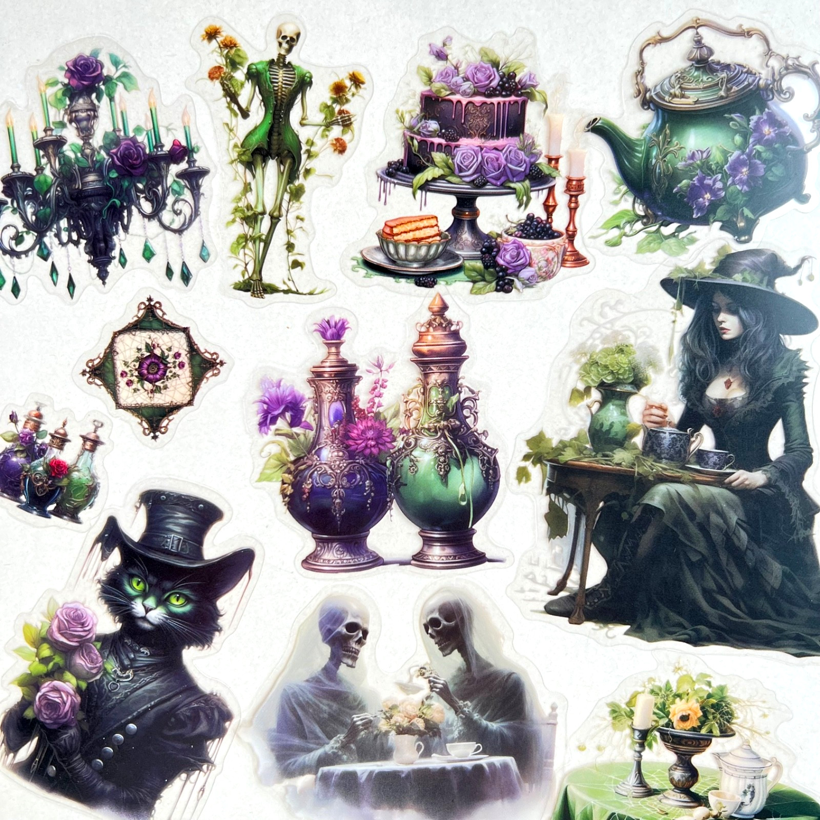 Green Witch Tea Party Stickers Junk Journal Collage Scrapbooking