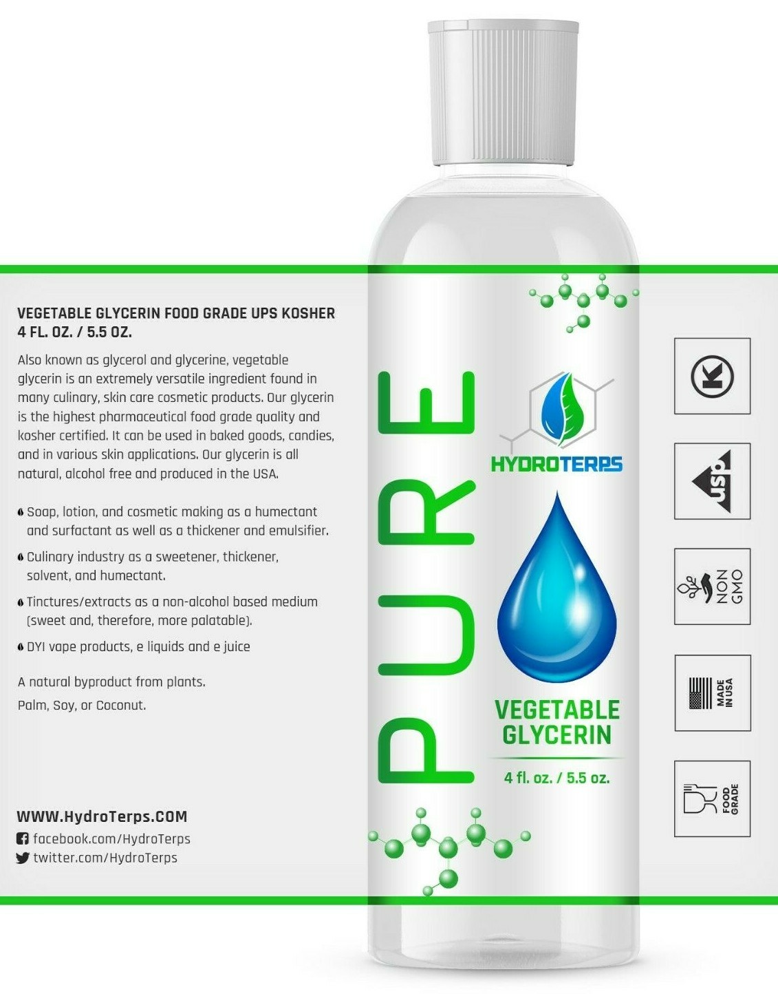Vegetable Glycerin / Propylene Glycol 4 oz Each USP 99.9 % Pure Food Grade VG PG
