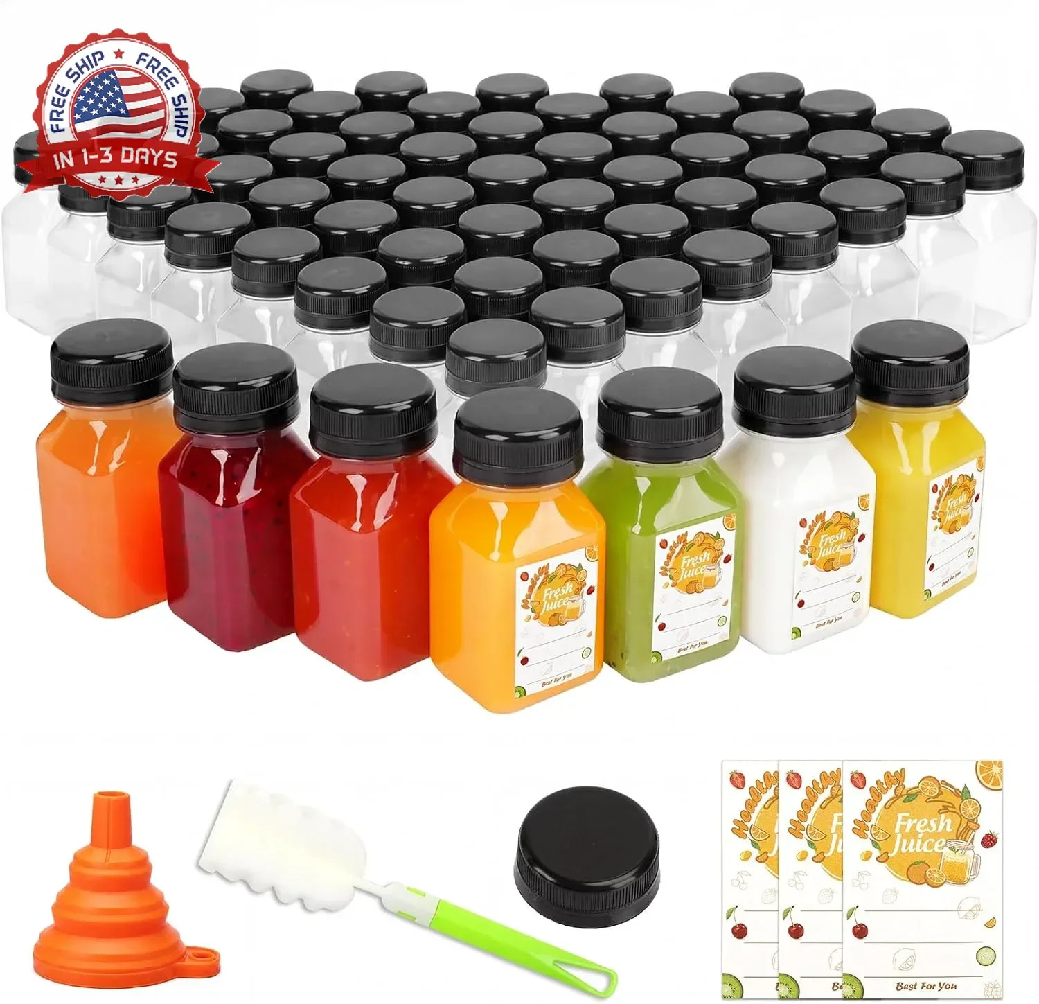 100pcs 4oz Plastic Juice Bottles with Caps, Sticker Labels, Brush | Reusable Sma