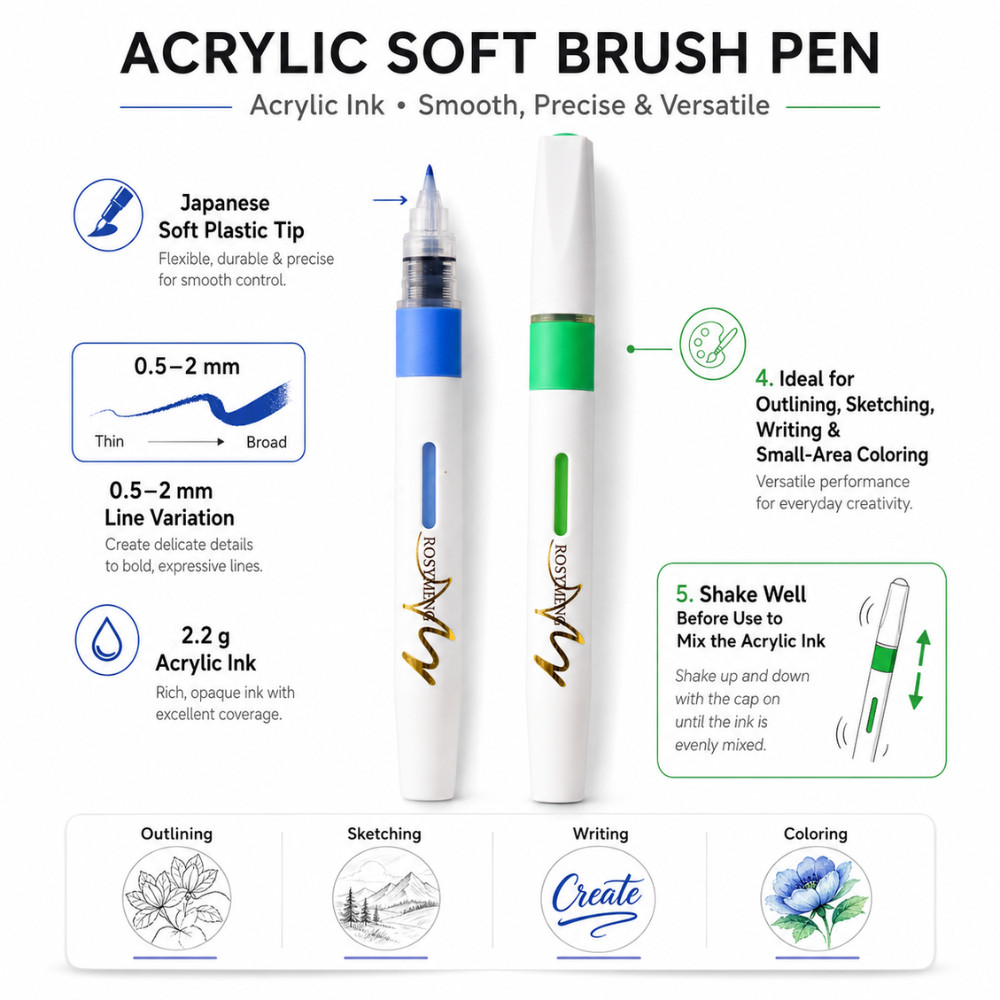 Acrylic Paint Markers Pens Japanese Soft Tip 0.5-2mm Brush Pen Sketch Outline 6p