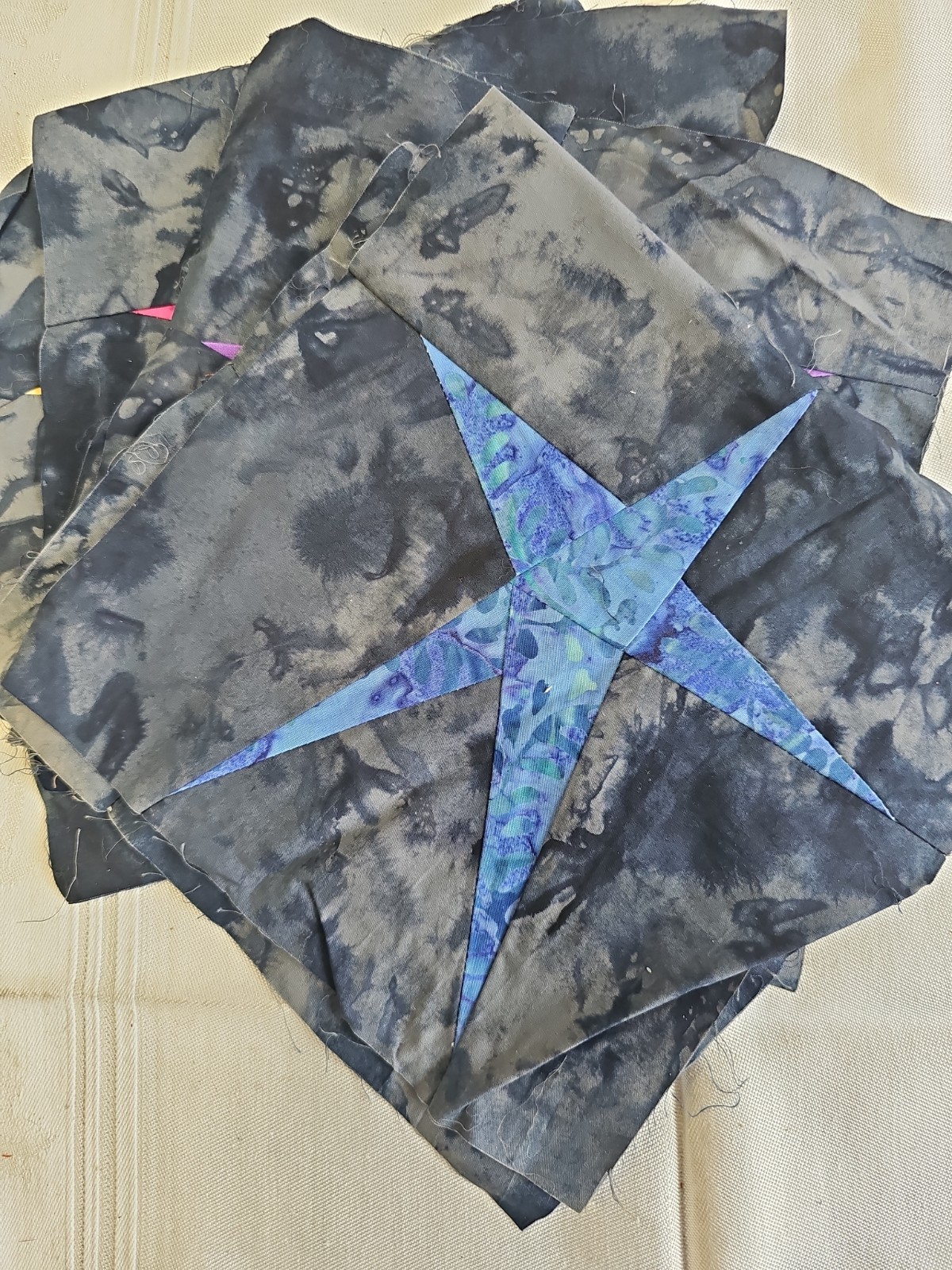 Set of 6 Machine Sewn Quilt Squares 8X8 Black Tie-Die Bold Stars Colors New
