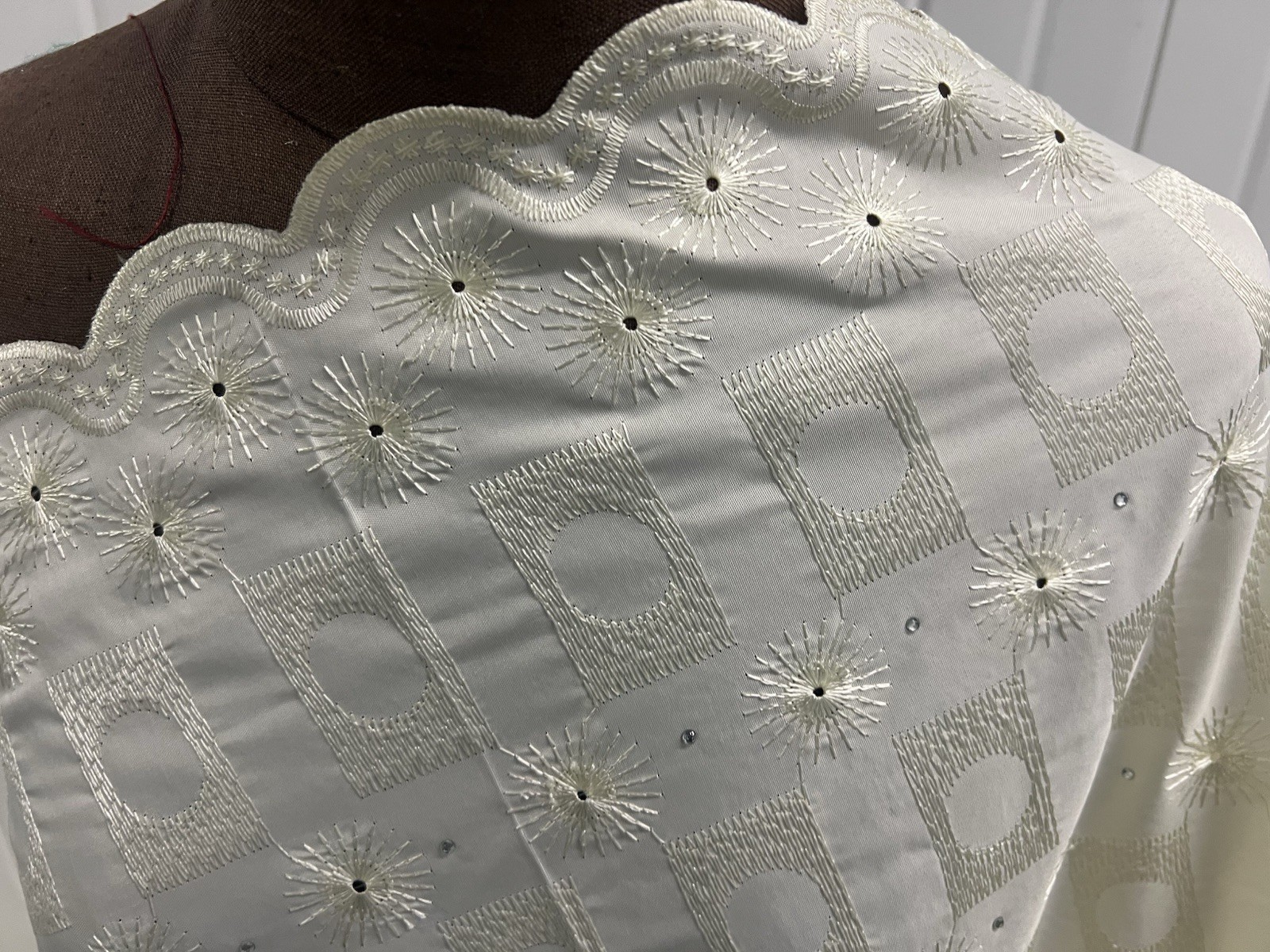 5 Yard Ivory Cotton Embroidery Rhinestones fabric 50” Width